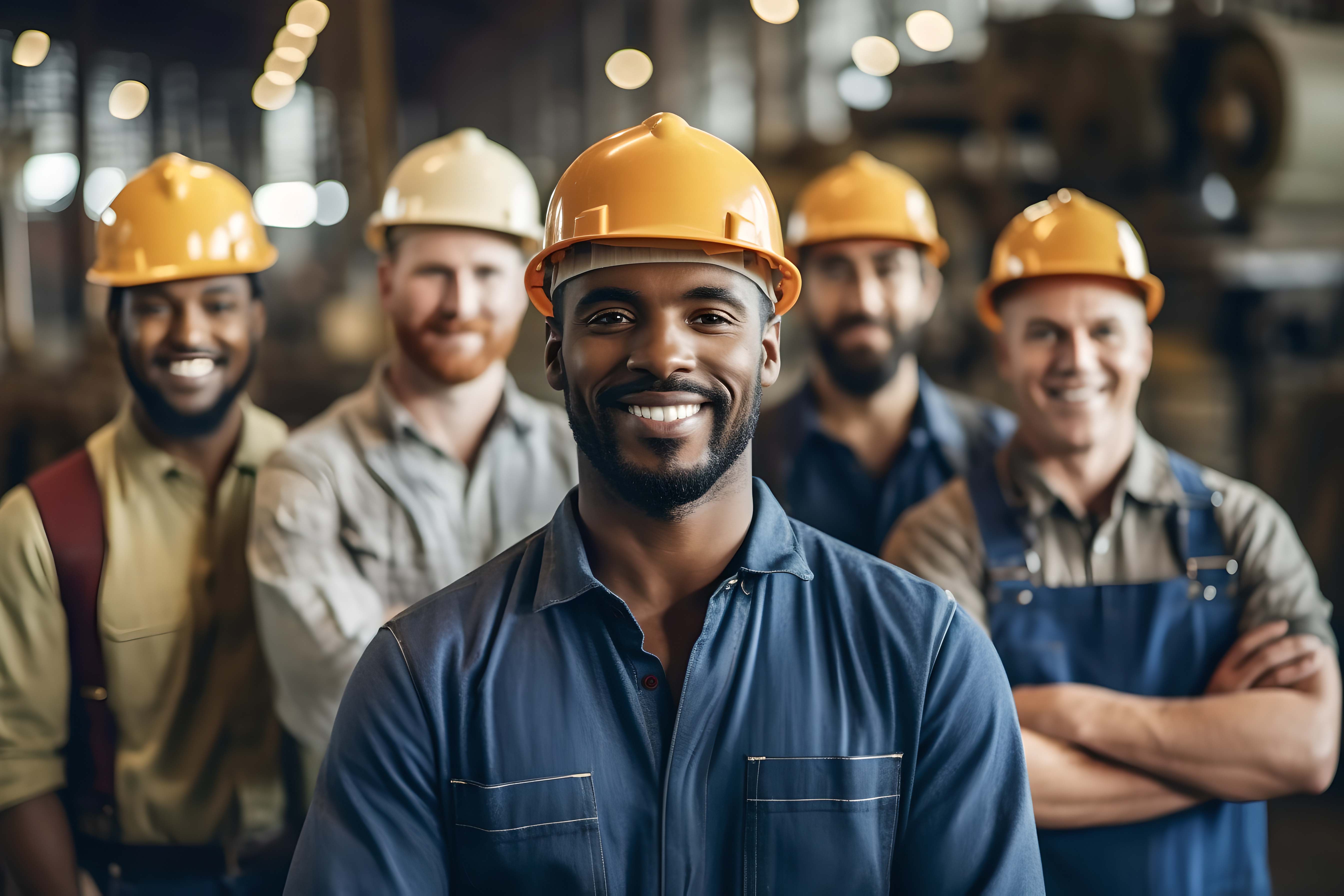 Group of industrial workers standing confident at industrial factory 
